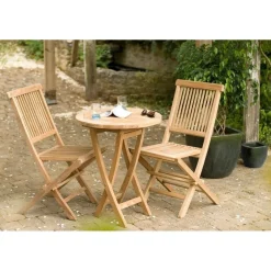 Table de jardin 2 personnes, ronde pliante 60 x 60 cm en bois Teck