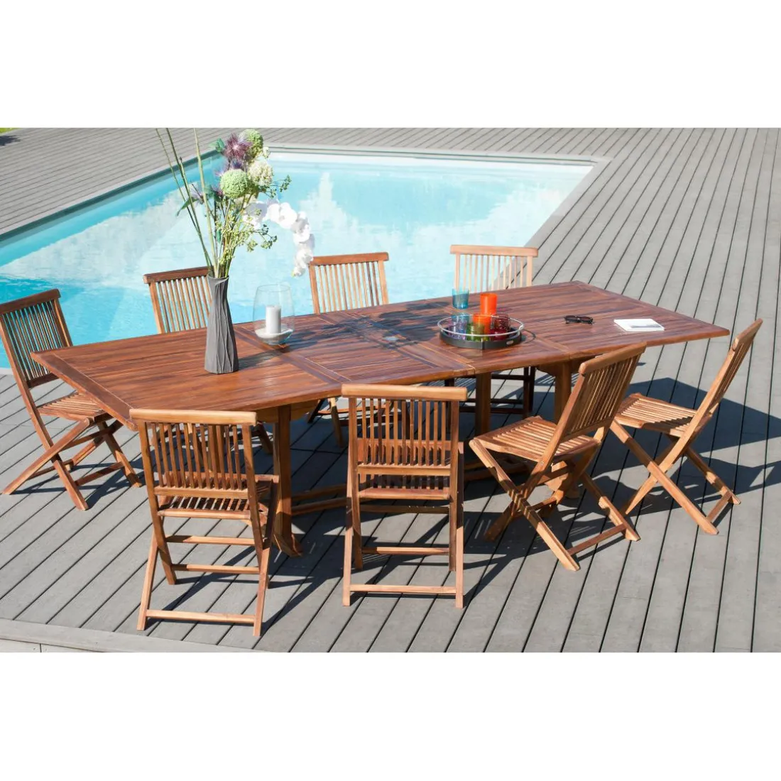 Table de jardin 10/12 personnes - rectangulaire double extension 200/300 x 120 cm en bois Teck huilé