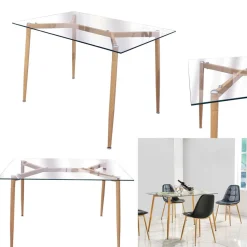 Table en Verre Pieds Métal Effet Bois 75X115cm