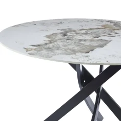 Table ronde Bangui Céramique effet marbre Blanc et pieds croisés Métal Noir