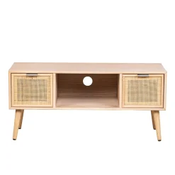 Table TV Scandinave en Bois 2 Tiroirs Rangement AKITA - Marron Clair