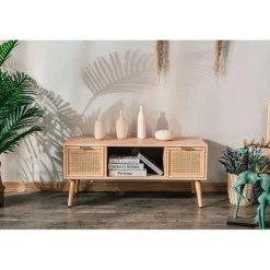 Table TV Scandinave en Bois 2 Tiroirs Rangement AKITA - Marron Clair