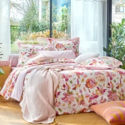 Taie de traversin en coton VALSE FLEURIE motif pivoine rose