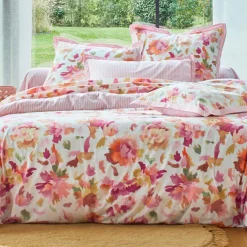Taie de traversin en coton VALSE FLEURIE motif pivoine rose
