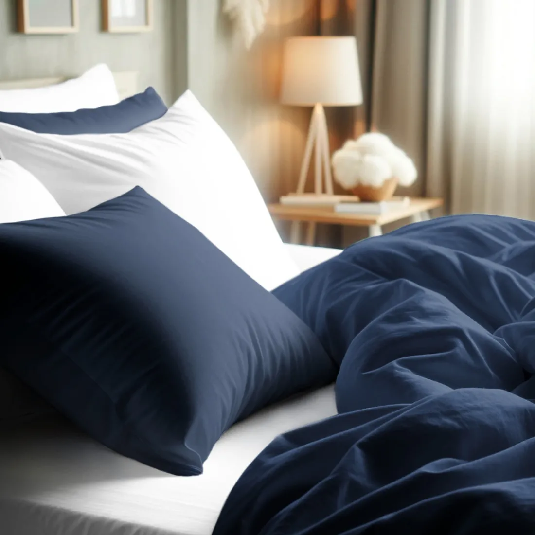Taie d'oreiller Coton TERTIO® - Blanc/Bleu indigo