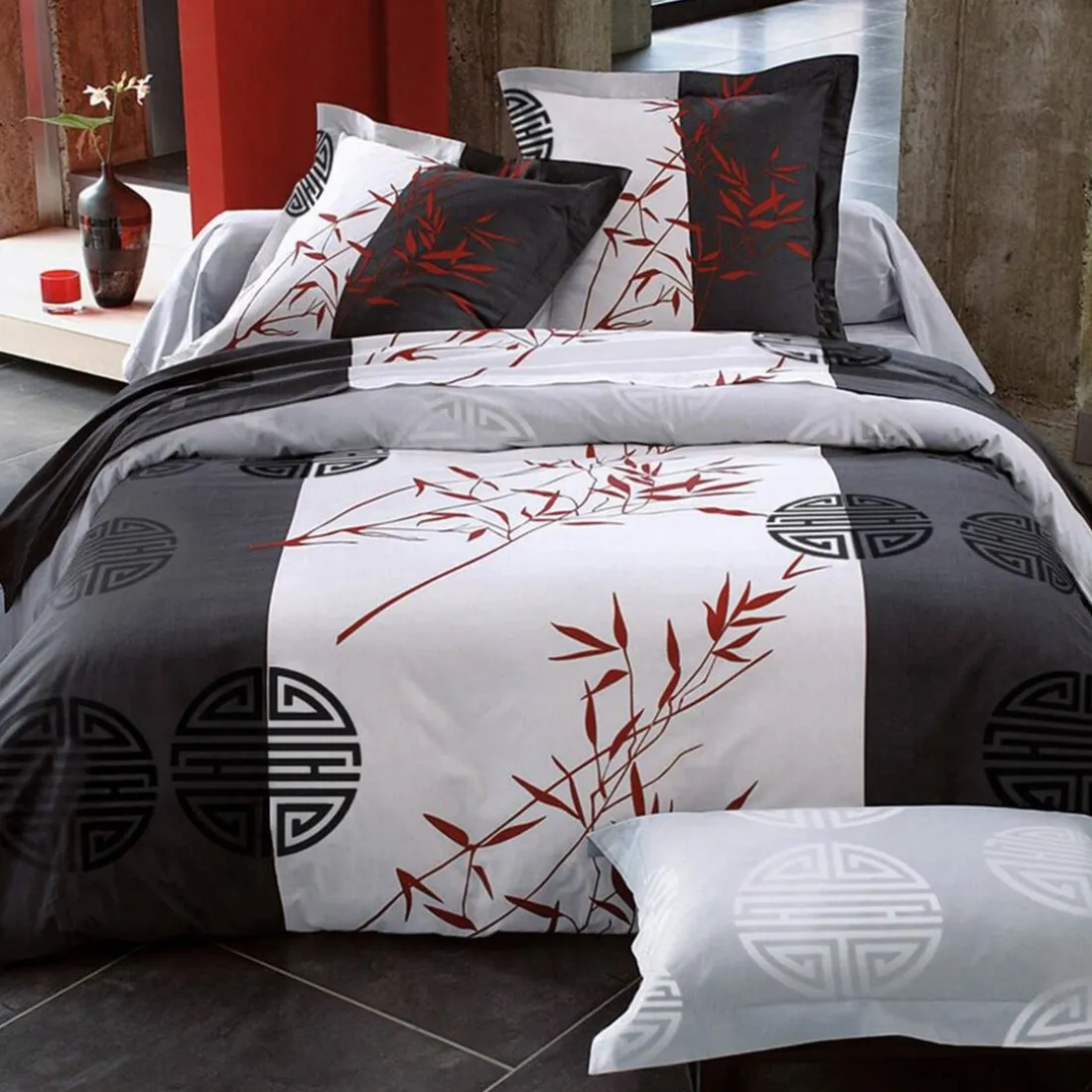 Taie d'oreiller ou traversin motifs zen bambous et idéogrammes Becquet - Noir