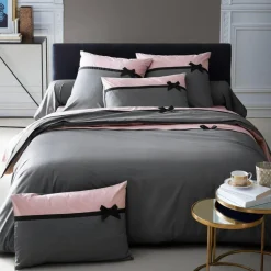 Taie d'oreiller percale de coton ROMAN - Gris/Rose