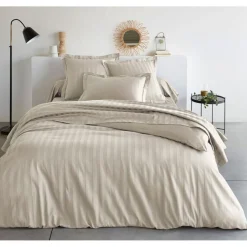 Taie d'oreiller rayé ton sur ton satin de coton TERTIO® - Ecru