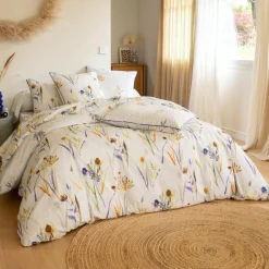 Taie d'oreiller sac coton ALBA feuilles et bouquets jaune