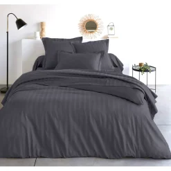 Taie d'oreiller satin de coton 2 faces uni / rayé TERTIO® - Gris Anthracite