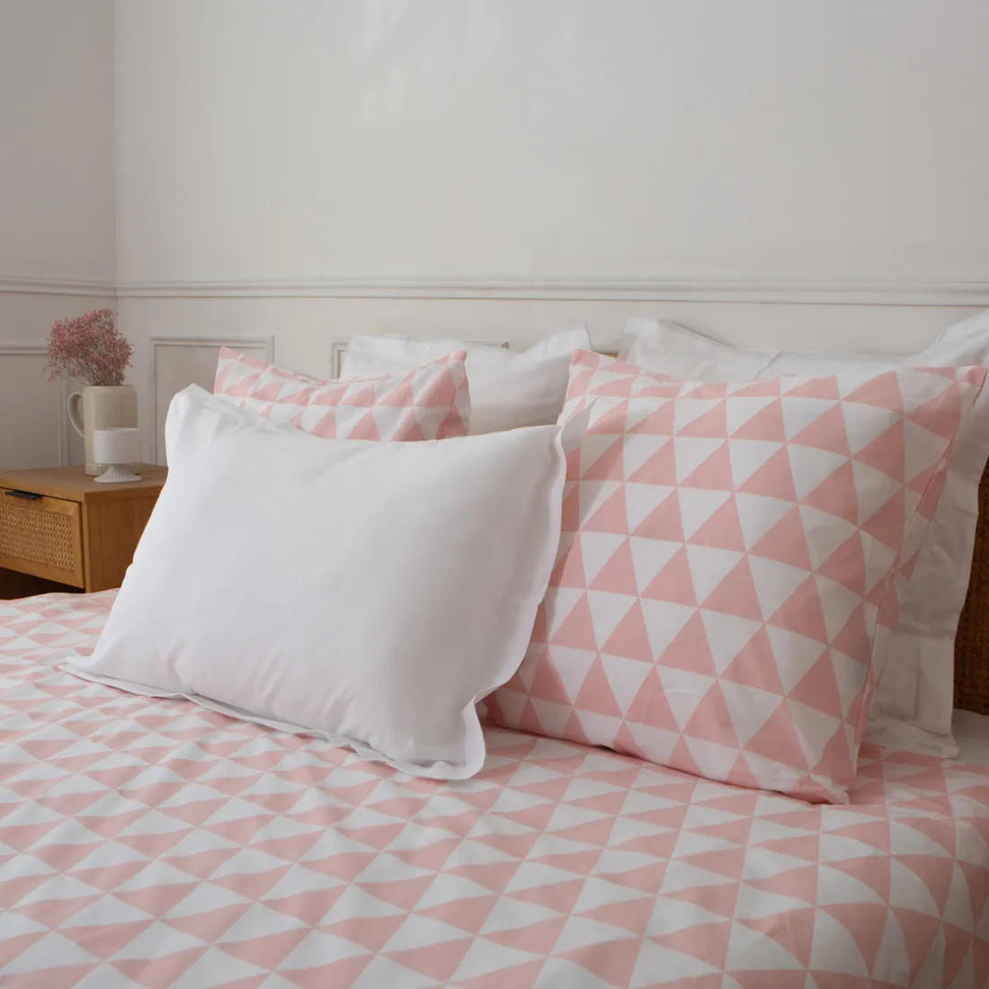 Taie d'oreiller, taie de traversin en coton LORENZ - Rose/Blanc