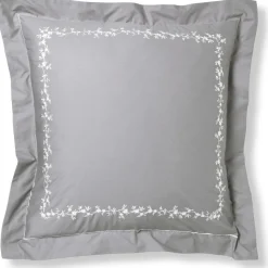 Taie d'oreiller, taie de traversin en percale de coton ADELE fleurs brodées et torsades- gris