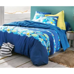 Taie d'oreiller, taie de traversin en coton petits motifs graphiques - Bleu
