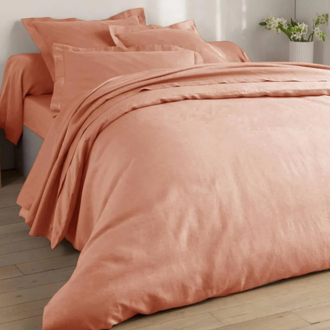 Taie d'oreiller Uni en lin lavé rose blush
