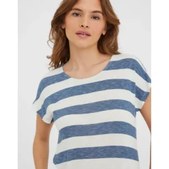 Top Boxy Fit Rayures Col rond Manches courtes Ourlet bas bleu en viscose