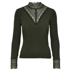 Top col haut manches longues vert foncé en viscose Faye