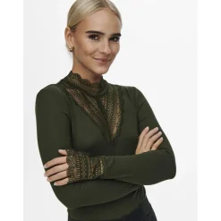 Top col haut manches longues vert foncé en viscose Faye