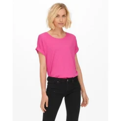 Top Col rond Manches courtes Poignets repliés rose