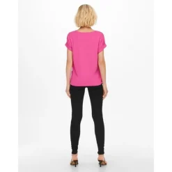 Top Col rond Manches courtes Poignets repliés rose
