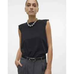 Top col rond manches courtes noir en coton bio Anna