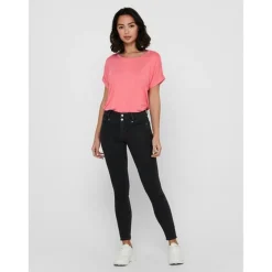 Top Col rond Manches courtes Poignets repliés rose en coton Hope
