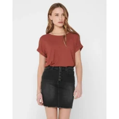 Top Col rond Manches courtes Poignets repliés rouge en viscose
