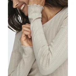 Top col rond manches longues gris clair en coton Eva