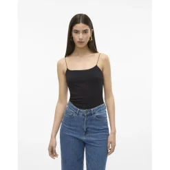 Top court col rond sans manches noir en coton Queen