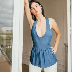 Top dos croisé en viscose Valentin Réédition bleu ciel