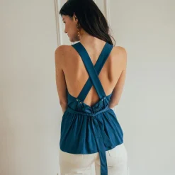 Top dos croisé en viscose Valentin Réédition bleu ciel