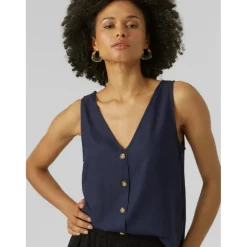 Top Regular Fit Col en V Sans manches Longueur regular bleu
