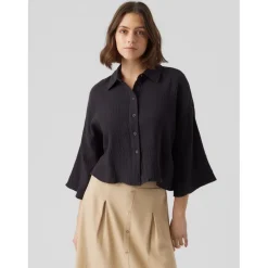 Tops Blouse Standard Fit Col chemise Manches 3/4 Court noir