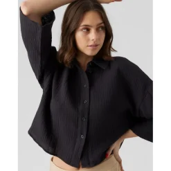 Tops Blouse Standard Fit Col chemise Manches 3/4 Court noir