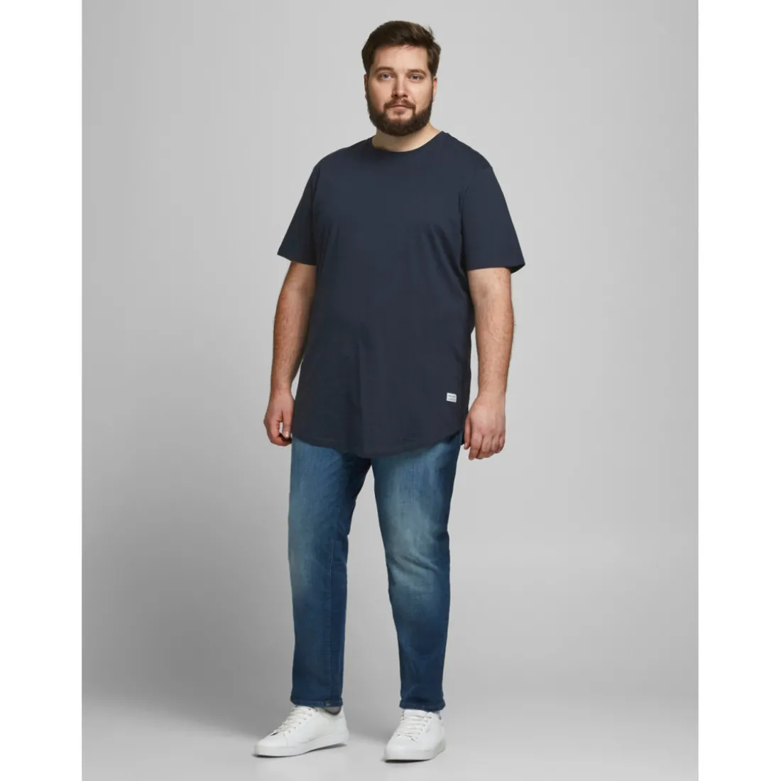T-shirt Long Line Fit Col rond Manches courtes Bleu Marine en coton Kyle