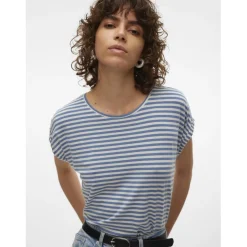 T-shirt longueur regular col rond manches courtes bleu Lucie en coton