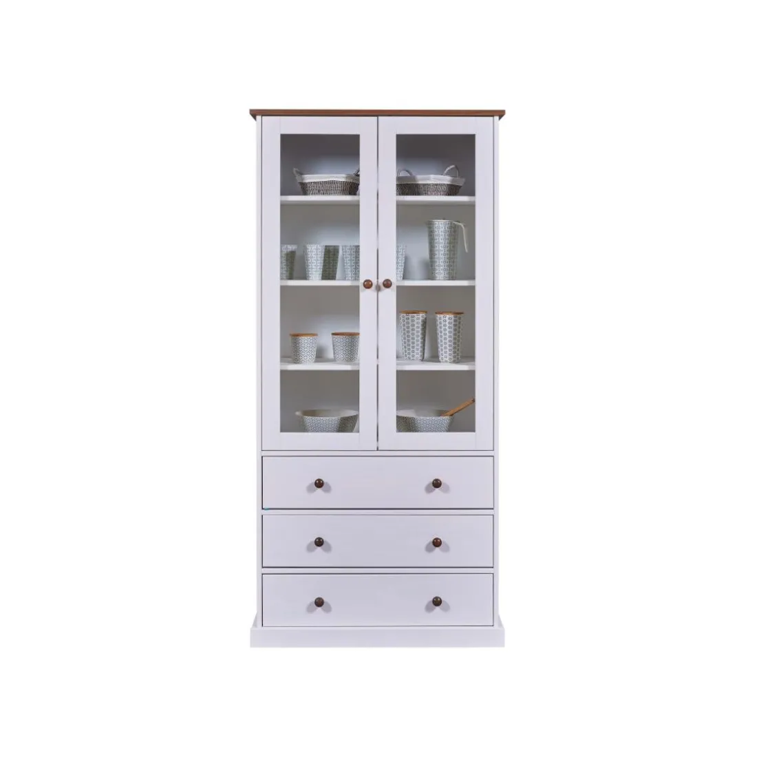 Vaisselier 2 portes vitrées 3 tiroirs WESTERLAND pin massif vernis blanc