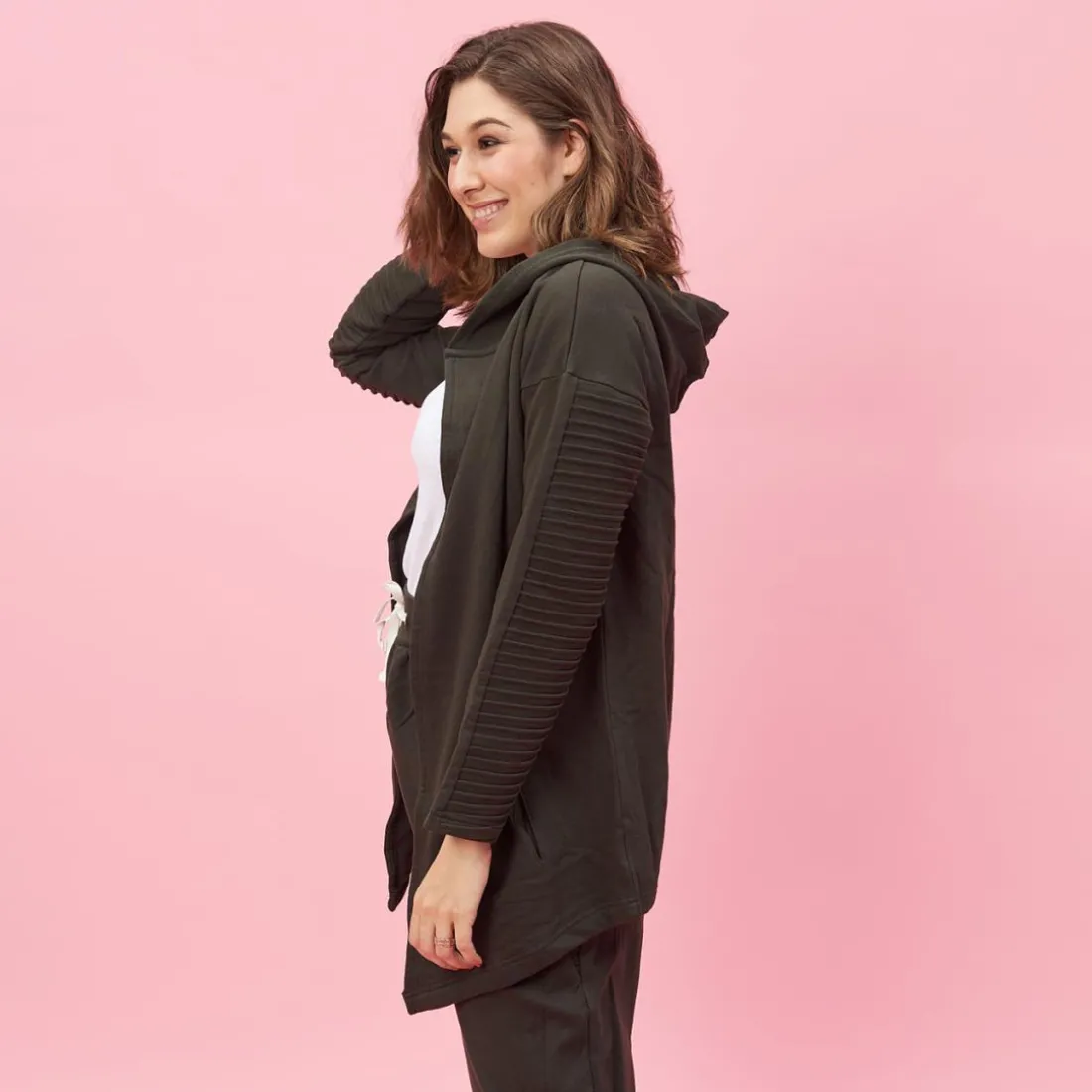 Veste à capuche manches longues bas en pointes devant grandes tailles femme - Vert Foncé