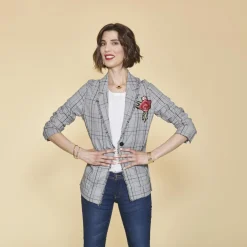 Veste à carreaux manches longues franges et broderie femme - Carreaux Noir