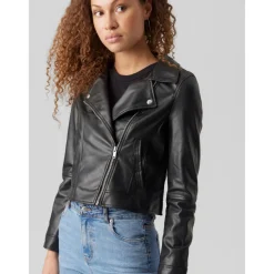Veste de motard en simili-cuir Col motard Manches longues noir Trix