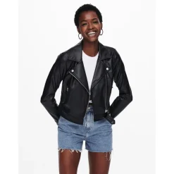 Veste en similicuir Col à revers Manches longues Détail matelassés noir