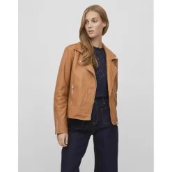 Veste motard poignets zippés marron en viscose